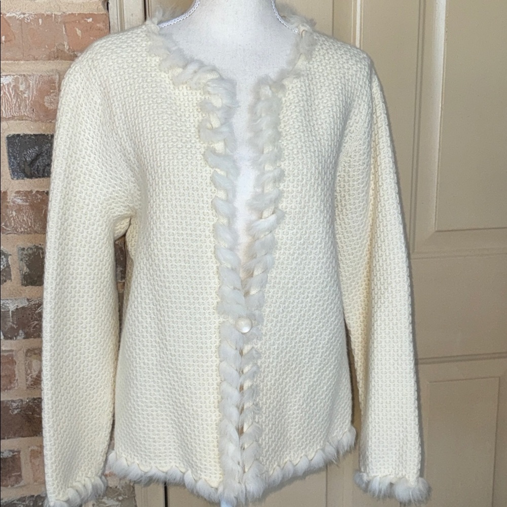 Jones NY Cream Wool Blend Sweater Rabbit Fur Trim Single Button Cardigan Sz 2X